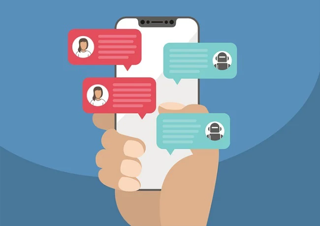 Woman holding bezel-free / frameless smartphone in hand and chatting with chat bot robot. Chat messages notification on smartphone isolated on blue background