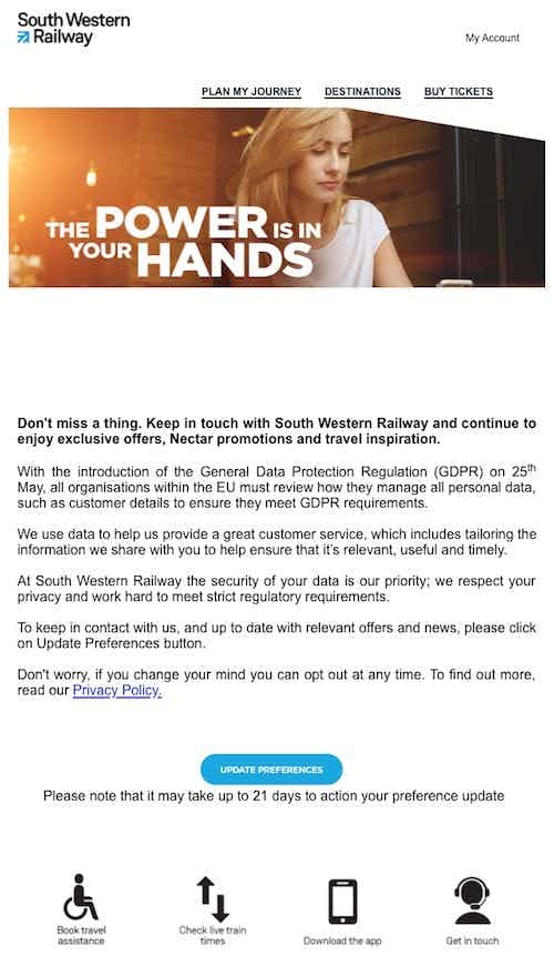 south western railway opt-in email