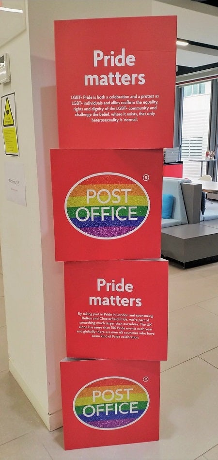 A Pride Matters display at the Post Office in honour of Pride Month.