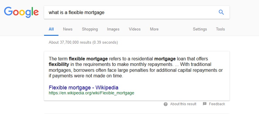 Google direct answer result for search query 'what is a flexible mortgage?'