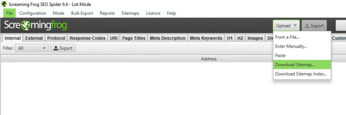 Screenshot of Screaming Frog SEO Spider in List Mode, with an Upload menu open and the option Download Sitemap... selected.