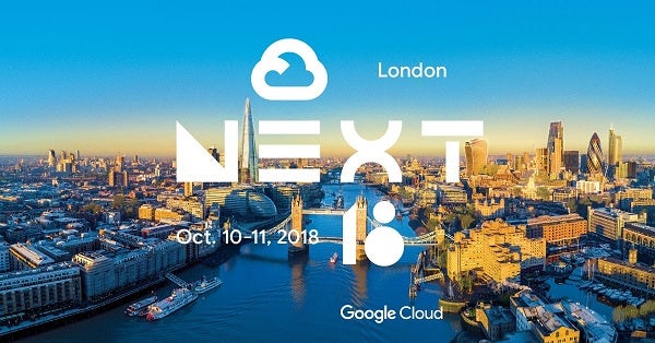 A promotional image for Google Cloud Next London, with the event name and date superimposed on an aerial shot of the City of London.