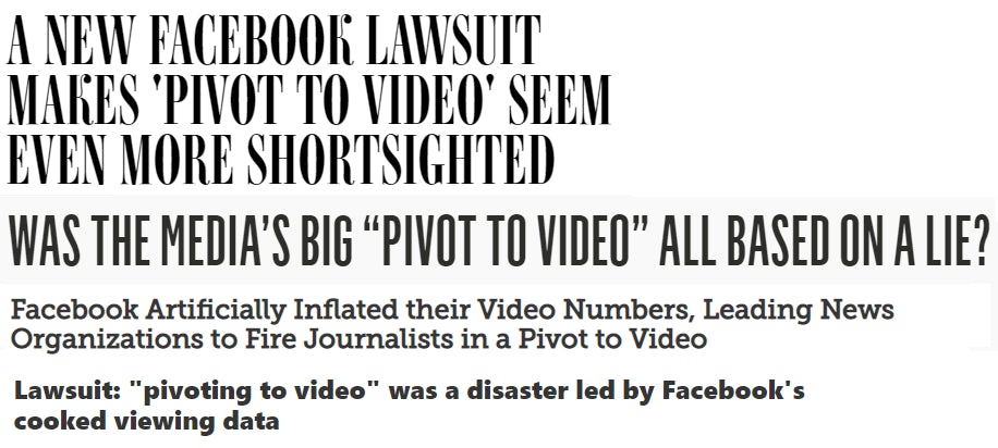 News headlines about Facebook's alleged video ad deception