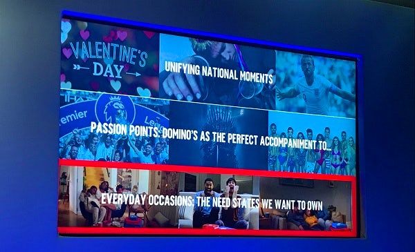 Photo of a presentation slide showing Domino's three layers of digital: Unifying national moments, passion points, and everyday occasions.