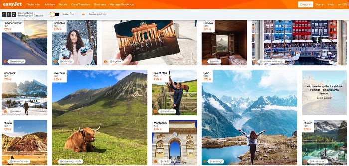 Screenshot of easyJet's Inspire Me page, with a grid of traveller photographs.