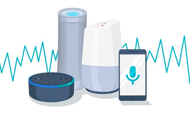 Vector graphic with an Amazon Echo Dot, Open gallery Harman Kardon Invoke, Google Home and a smartphone showing a microphone icon, with blue sound waves in the background.