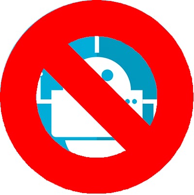 Bot vector graphic surrounded by a red circle with a line through it.