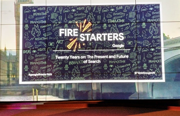 Presentation slide displaying the Google Firestarters logo with the title Twenty years on: the present and future of search beneath it.