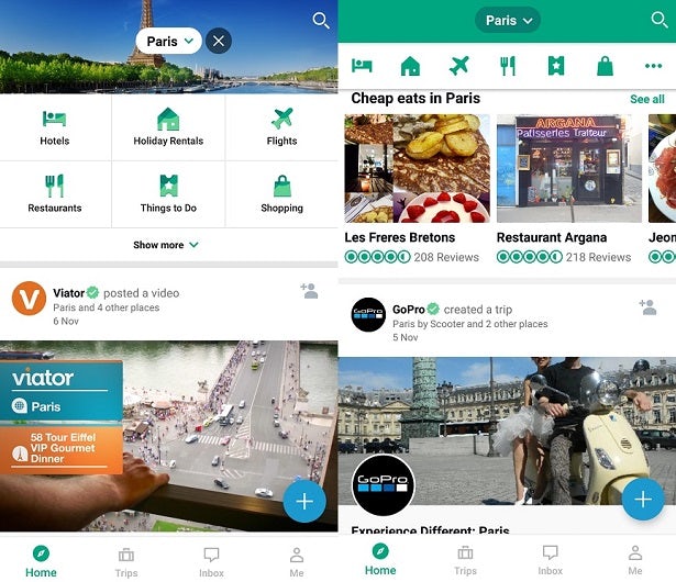 Two side-by-side screenshots from the Trip Advisor app, showing videos and recommendations for things to do in Paris.