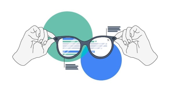 Visual search graphic featuring a pair of hands holding a pair of smart glasses, against two coloured circles, one blue and one green.