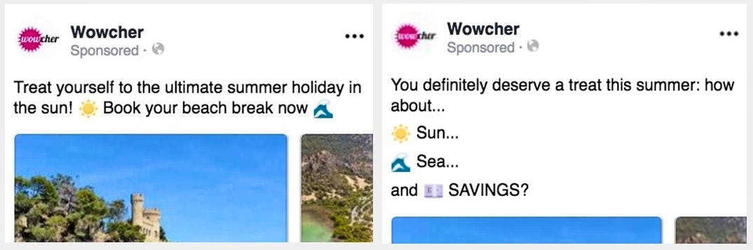 Two side-by-side screenshots of Facebook ad copy, both of which use emoji and sound extremely similar.
