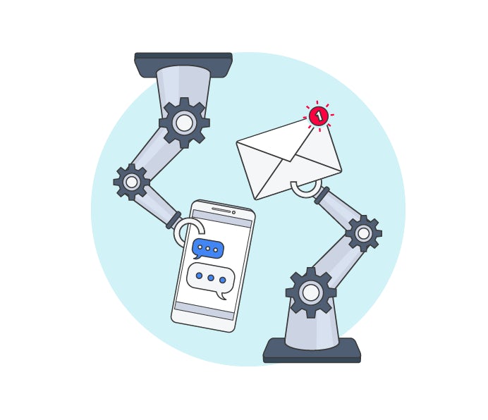 Illustration depicting marketing automation with two robot arms: one holding a smartphone, the other holding an email.