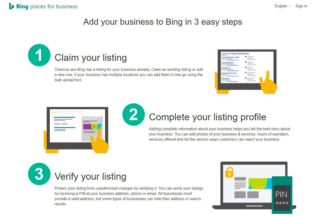 Screenshot of the Bing Places for Business homepage explaining how to add your business to Bing.