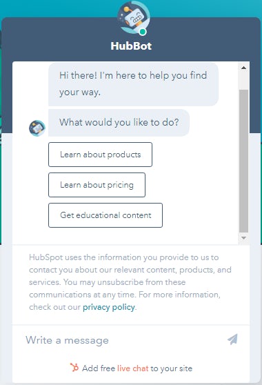 An instant messaging screen labelled 'HubBot' with a graphic of a cartoon bot at the top. In the dialogue box are two messages: Hi there! I'm here to help you find your way. What would you like to do? The user has three options: Learn about products, learn about pricing, and get educational content.
