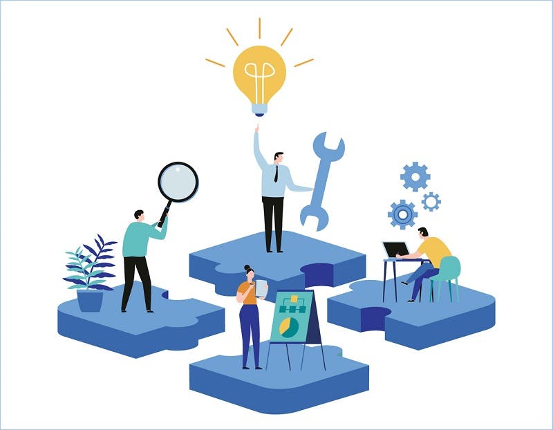 Vector graphic depicting employees learning and sharing ideas