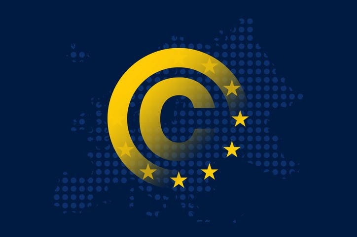 A yellow copyright symbol, half faded. The bottom right half is replaced with EU stars. The symbol is superimposed on a dark blue outline of Europe.