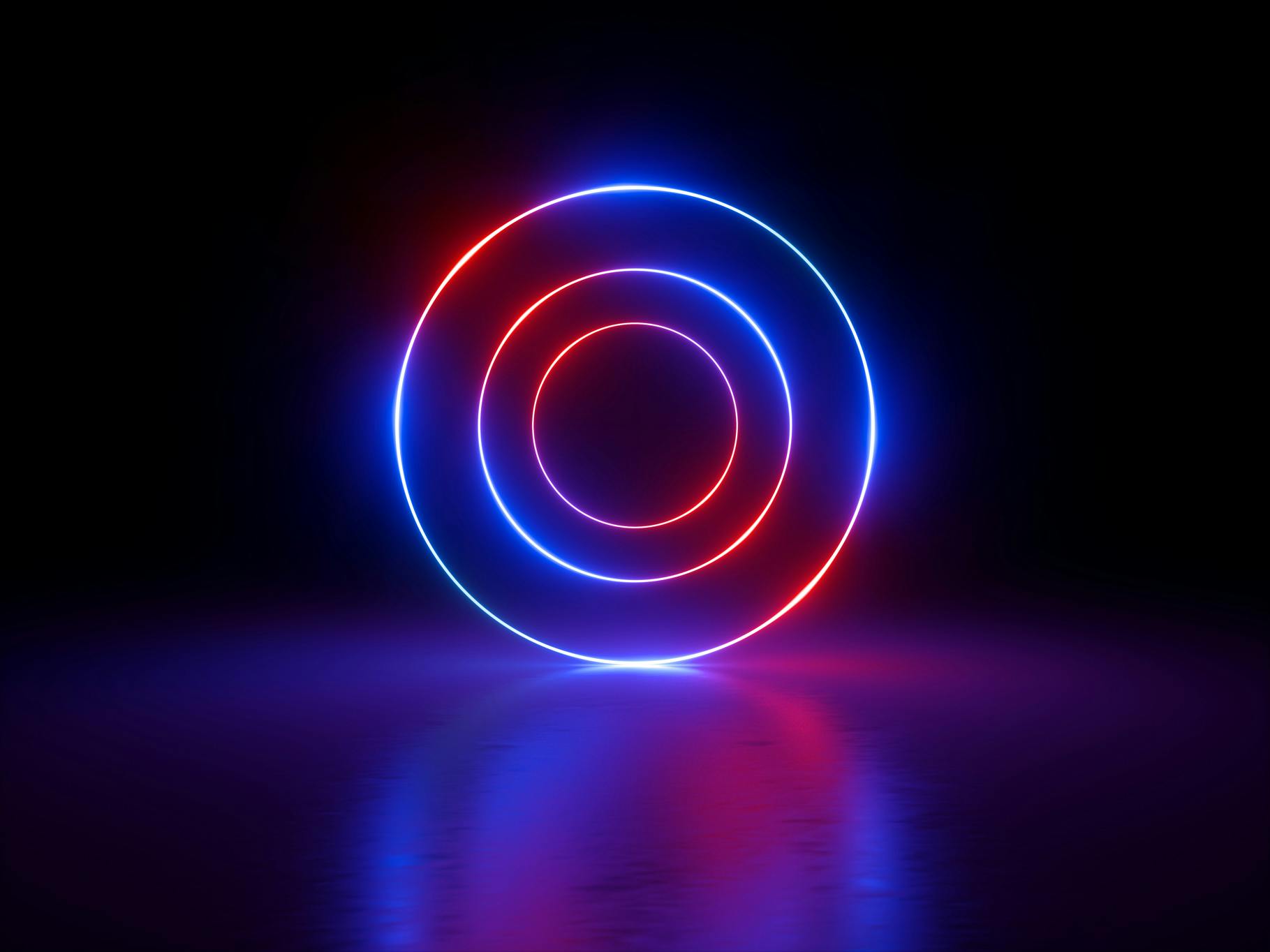 3d render, glowing rings, round lines, tunnel, neon lights, abstract background, circles, red blue spectrum, virtual reality, vibrant colors, laser show