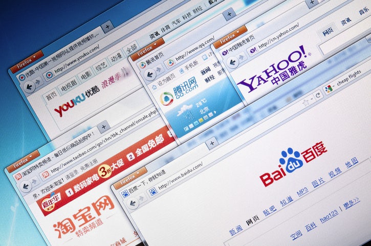 Selection of the most visited Chinese web sites on a computer screen Including Youku Yahoo China Baidu QQ and Taobao
