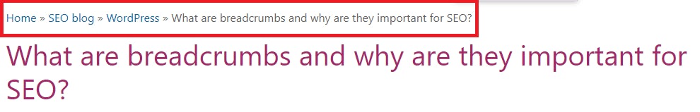 The top of a Yoast blog article entitled 'What are breadcrumbs and why are they important for SEO?' It has breadcrumbs showing the page hierarchy with little arrows in between.