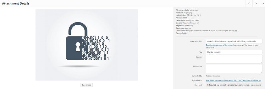 A WordPress upload form for a vector graphic of a padlock with binary code The title and alt text fields are filled in