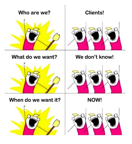 A grid of six cartoon images made from the ALL THE THINGS! meme image of a roughly drawn girl punching the air. One side has a single girl while the other side has three girls responding to her. The text reads: Who are we? Clients! What do we want? We don't know! When do we want it? NOW!