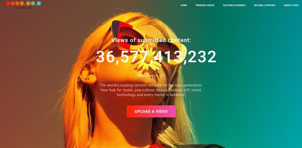 The homepage of 421 Media, with a climbing view counter overlaid on a picture of a woman in sunglasses.