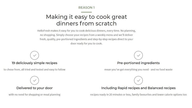 A screencap from the HelloFresh website advertising reasons to subscribe to HelloFresh, including simple recipes, pre-portioned ingredients and no need for shopping or meal planning.