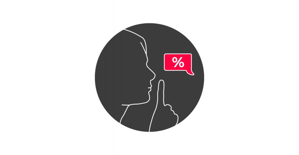 Graphic of a person's face in profile, holding a finger up to their lips against a red speech bubble with a percentage sign in it.