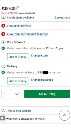 argos product page with delivery