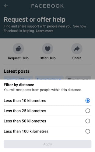 Facebook Request or Offer Help Distance Filter