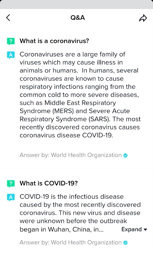 tiktok coronavirus q&a page
