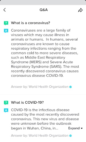 tiktok coronavirus q&a page