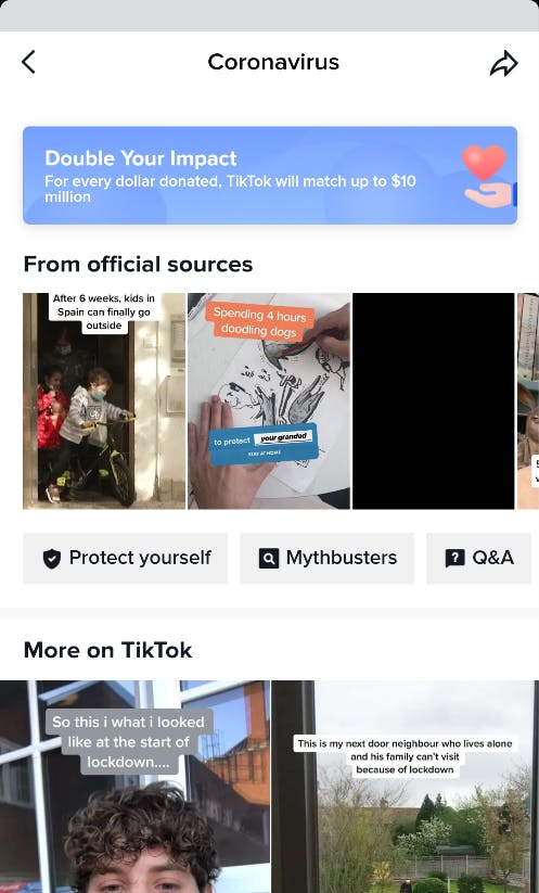 tiktok coronavirus landing page