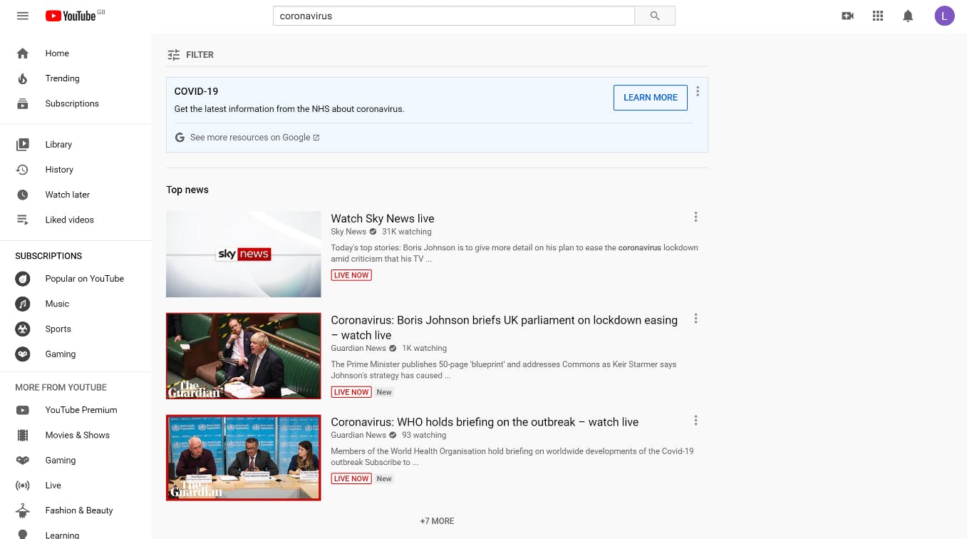 youtube coronavirus search results