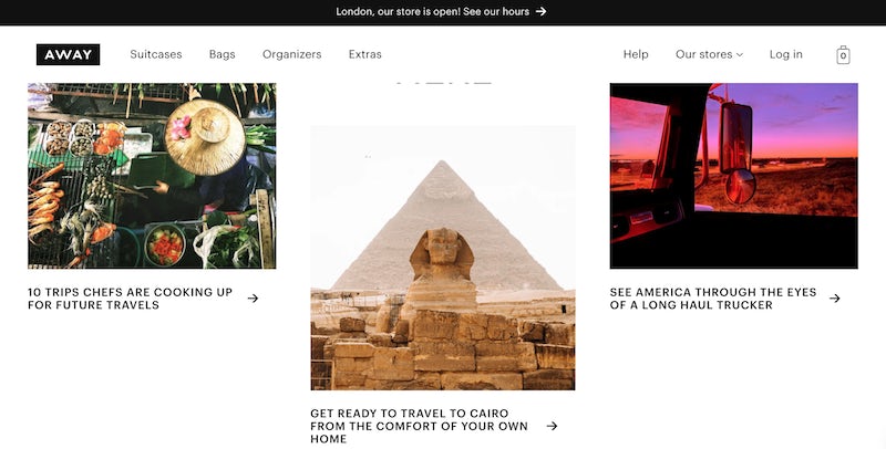 Away homepage featuring editorial content