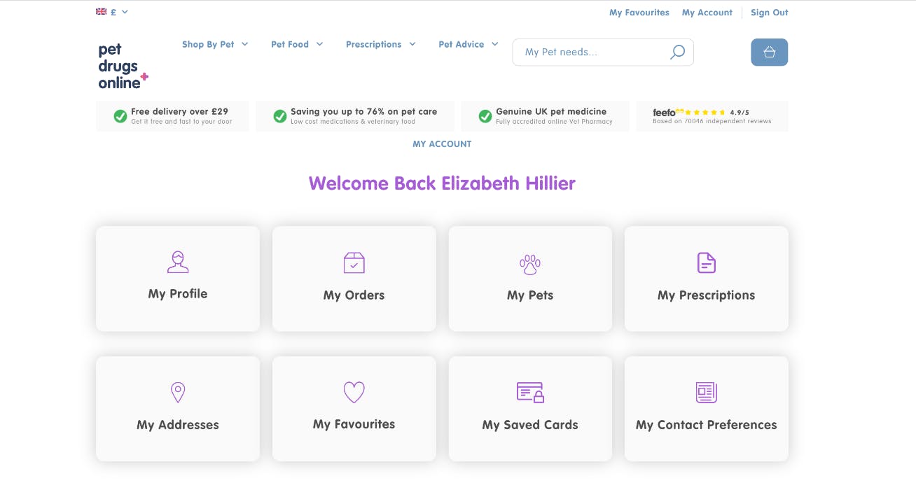 Pet Drugs Online account dashboard