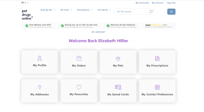 Pet Drugs Online account dashboard