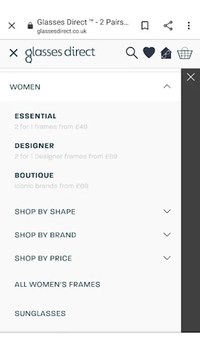 Glasses Direct mobile menu