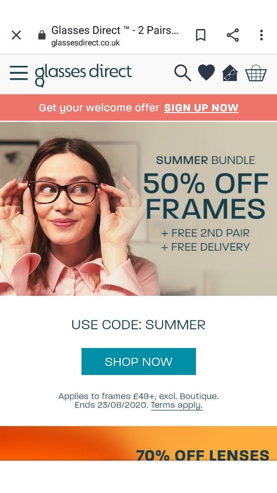 Glasses Direct mobile homepage