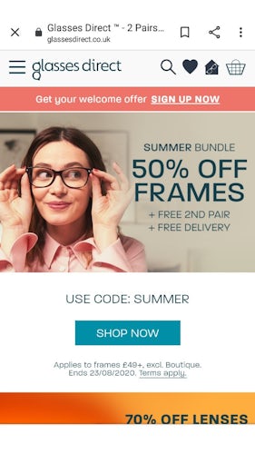 Glasses Direct mobile homepage
