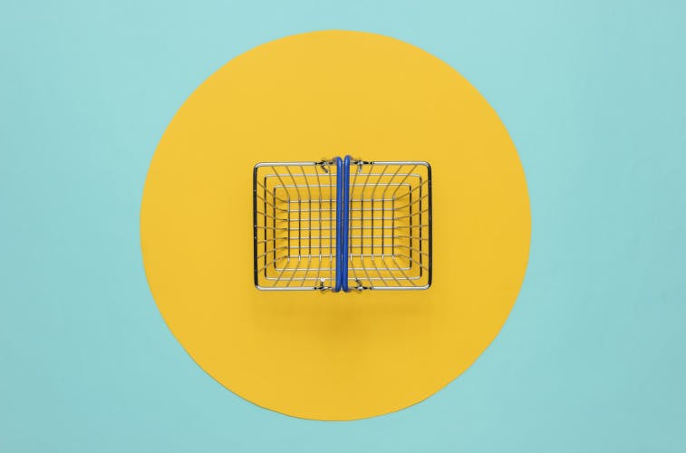 迷你购物 - 篮子 - 蓝色背景 - 带黄色圆圈