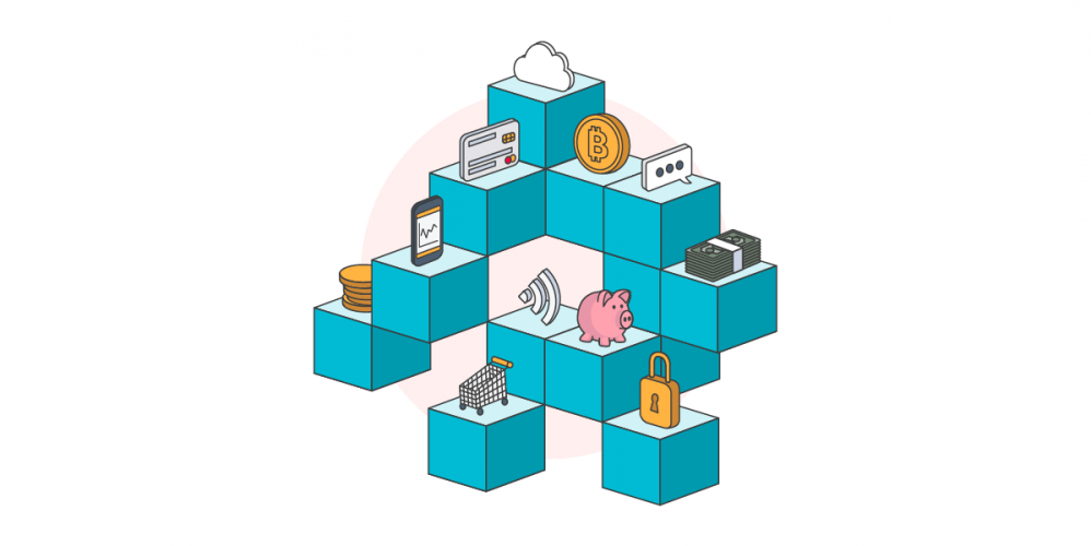 fintech concept illustration including piggy bank bitcoin shopping trolley