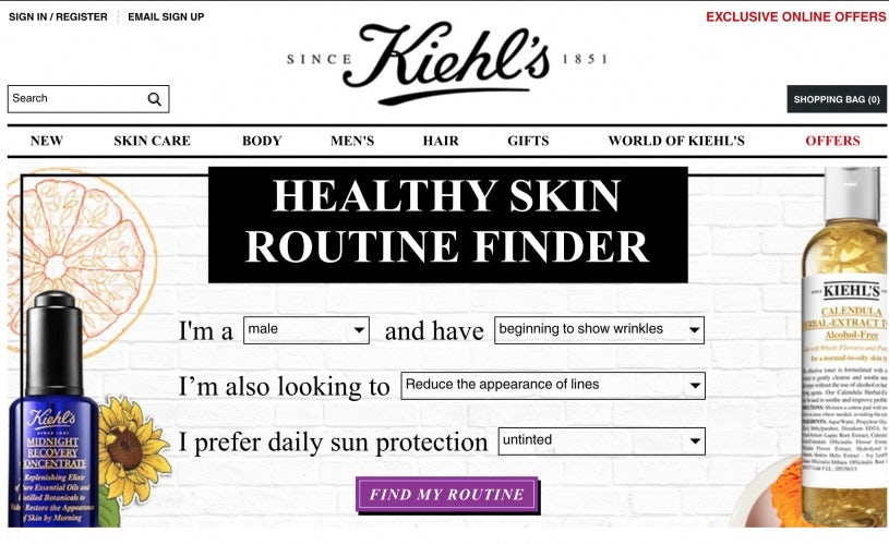A screencap of Kiehl's Healthy Skin Routine Finder, which has some drop-down menus for users to select their gender, skin condition, and what they want from their routine.