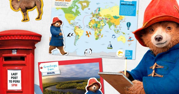 paddington-postcard paddington bear and world map