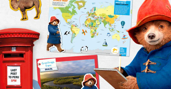paddington-postcard paddington bear and world map