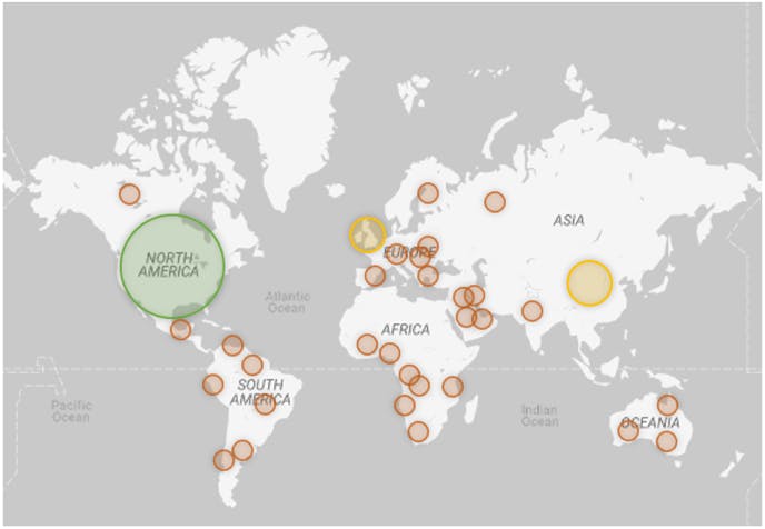 world map with colour-coded dots