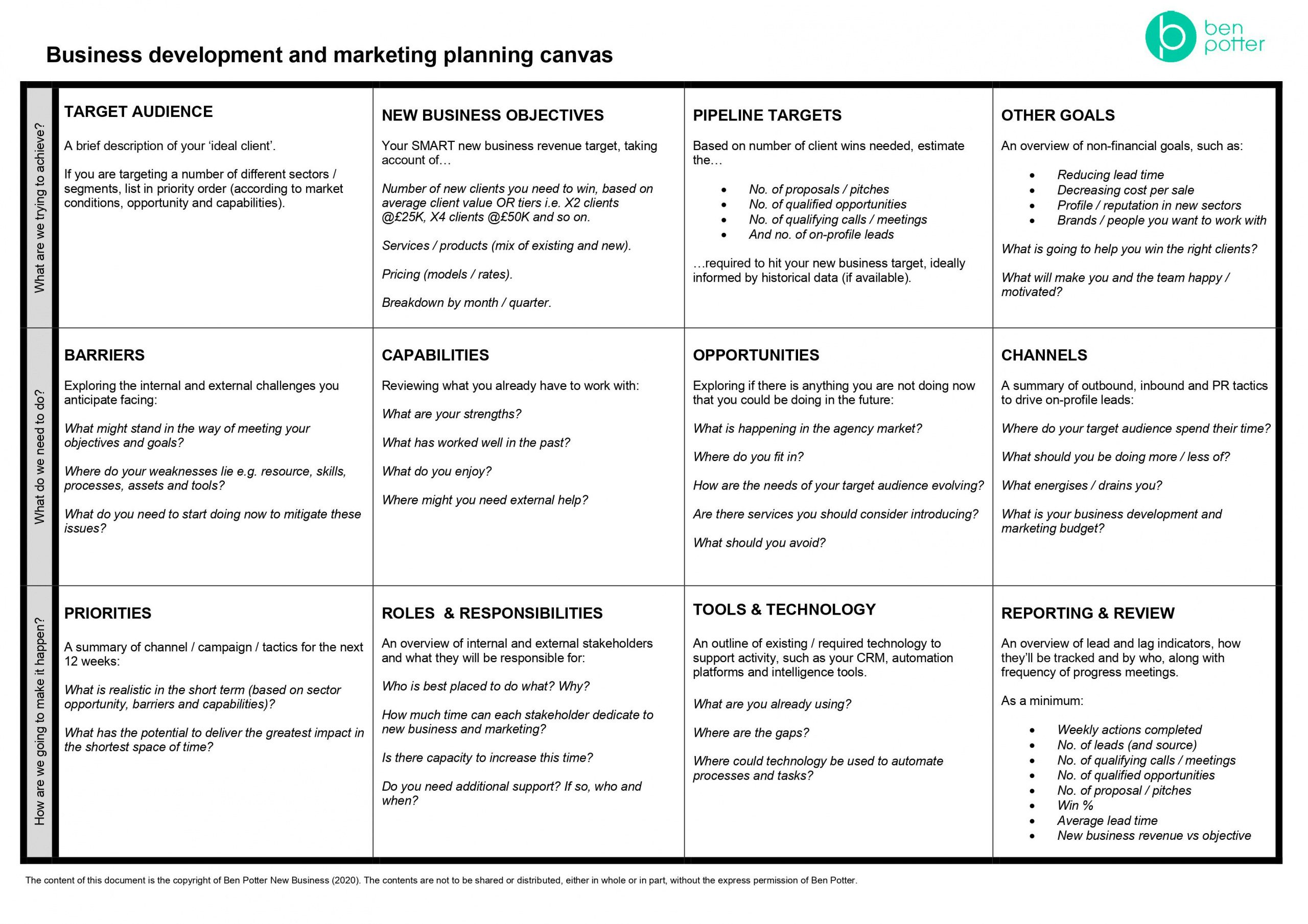 biz dev and marketing canvas including target audience, new biz objectives, pipeline targets, other goals, barriers, capabilities, opportunities, channels, priorities, roles and responsibilities, tools and technologies, reporting and review