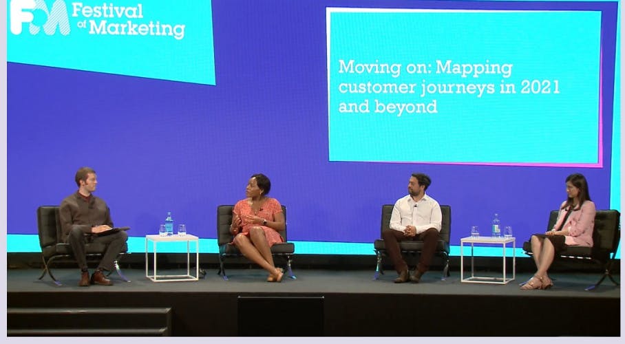Ben Davis speaks to Chi Evi-Parker, Rav Dhaliwal and Inés Ures on a stage at the Festival of Marketing.