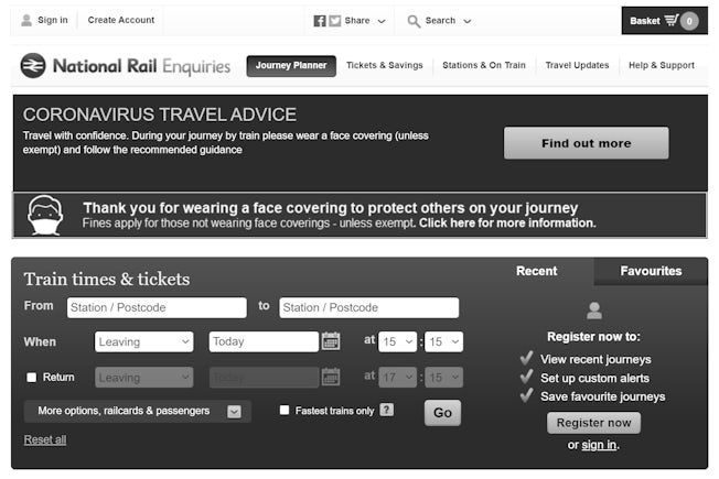 A screen capture of the National Rail website being displayed in greyscale on Sunday 11th April 2021.