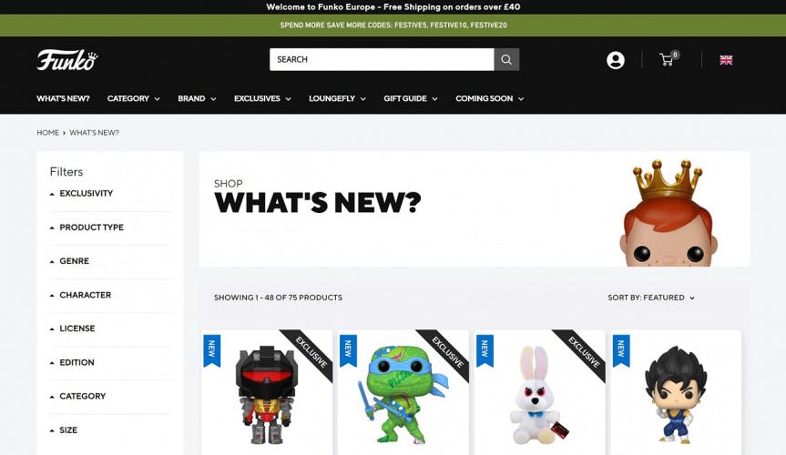 A screengrab of the What's New? page of the Funko Europe website, displaying a number of New and Exclusive figurines for sale.